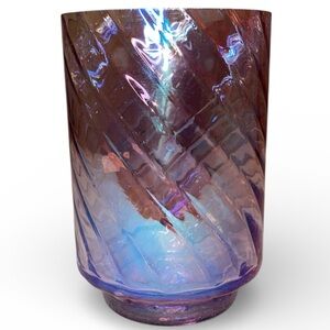 IRIDESCENT GLASS VASE Diagonal Spiral Ribbing Carnival Style Finish 4”x6”PUR/PNK